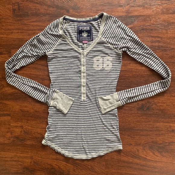 PINK Victoria's Secret Tops - * LOW PRICE *Gray Long Sleeve Stripe Henley Size M